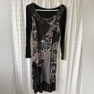 Miss Nikky Long Sleeve Black Patchwork Leopard Print Dress. Like new.